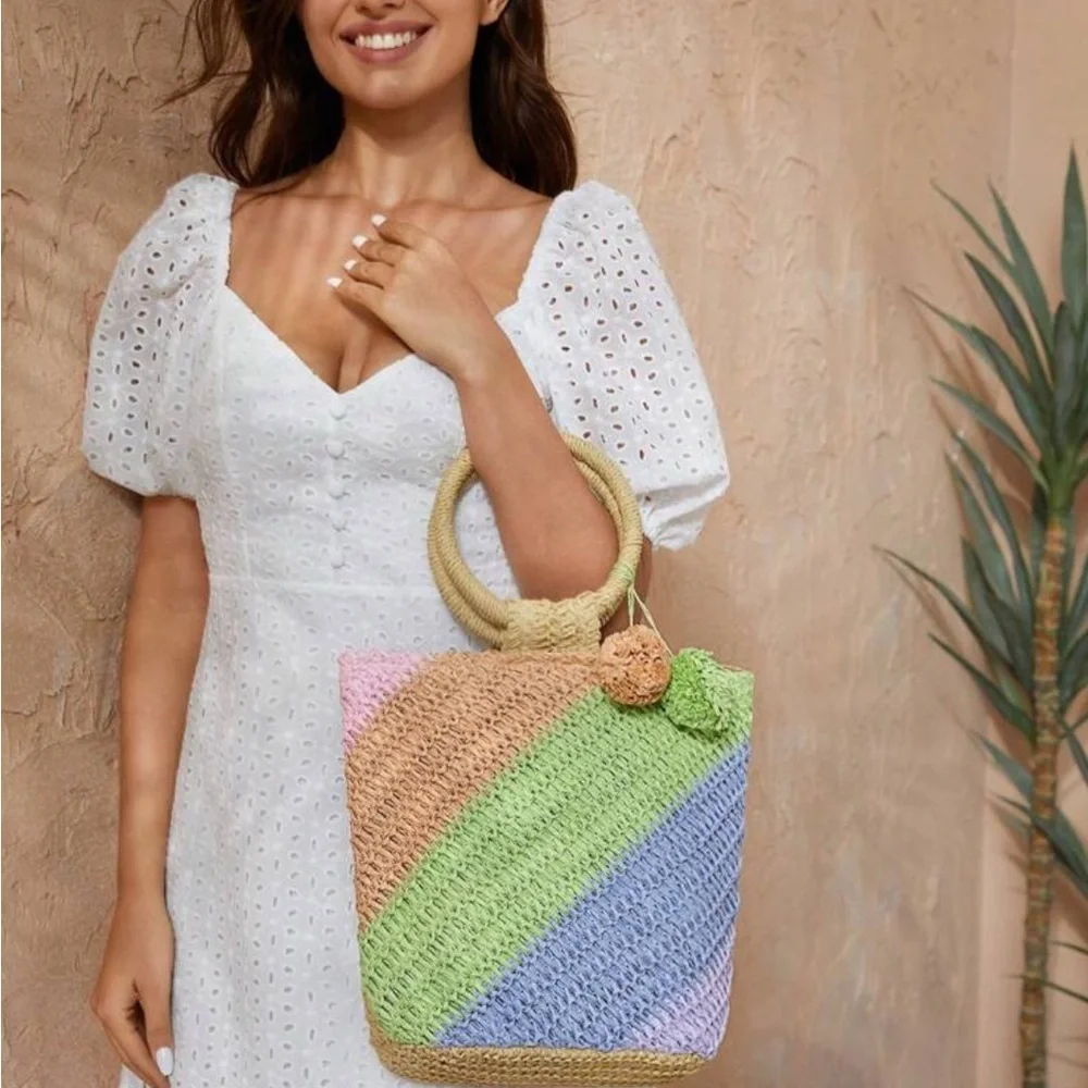 Handwoven Multicolor Straw Tote Bag - Pastel Diagonal Stripes